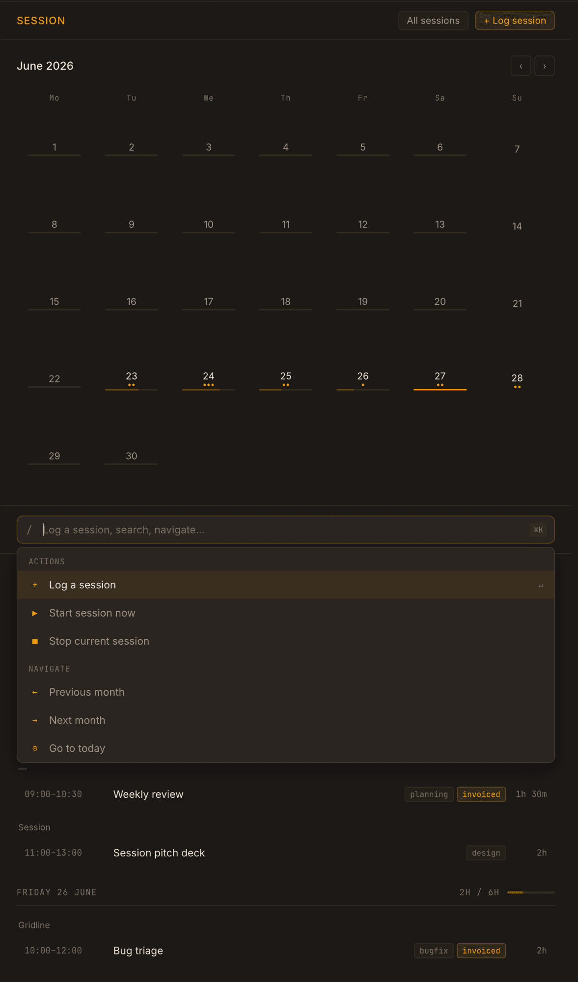 Session calendar view with command palette open